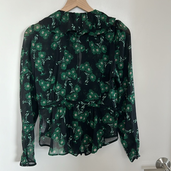 Topshop Blouse sheer black with green and pink flowers size 8 long sleeve - Picture 7 of 9